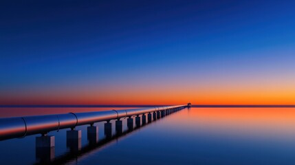 Obraz premium Vivid colors of sunset illuminate the sky and calm water while a long pier stretches out, inviting serenity and contemplation in a tranquil setting.