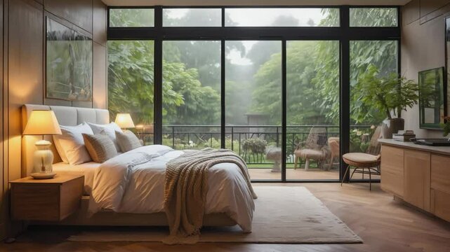 Cozy Bedroom Interior with Large Window Overlooking a Forest View