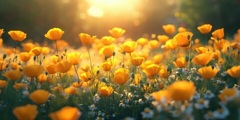 Bright yellow poppies bloom in a sunlit meadow during the golden hour of a warm spring day