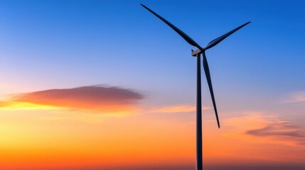 Wind turbine stands tall against a breathtaking sunset, casting silhouettes in the twilight sky. Colors blend harmoniously, showcasing nature's beauty and renewable energy synergy.