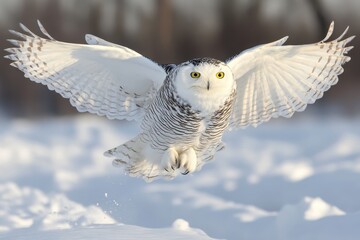 Female snowy owl hunting in a snowy field in Ottawa Canada