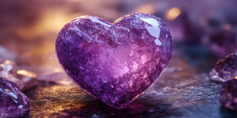 Fototapeta premium Beautiful heart-shaped purple crystal reflecting light in a serene setting