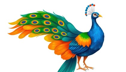 Obraz premium Vibrant Peacock Illustration with Intricate Feather Details on White Background