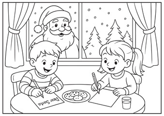 Coloring  page Christmas holiday Kids Writing Letters to Santa