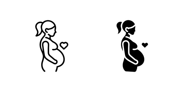 Pregnant Icon Collection, a pregnant woman silhouette in outline and glyph styles. Represents maternity or healthcare. Perfect for medical design.