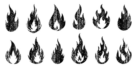 Set of black grunge fire flame icons with distressed texture. Vector flame symbols in rough vintage style for labels, signs, posters, or graphic design on white background. © Colomba Rossa
