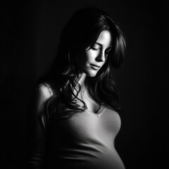 Naklejka premium A pregnant woman stands quietly, bathed in dramatic black and white lighting.