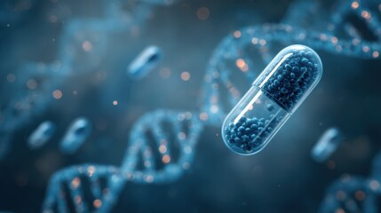 A futuristic capsule containing genetic material floats amidst spiral DNA strands in a detailed scientific illustration
