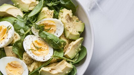 Egg salad with fresh avocado and spinach. The salad consists of sliced eggs, avocado slices in a creamy sauce and tender spinach leaves lightly seasoned with black pepper and fresh herbs.