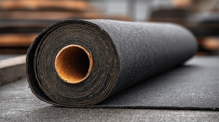A black rolled material is placed on a flat surface, suggesting its industrial purpose. Surrounding elements hint at a workshop environment focused on construction or manufacturing