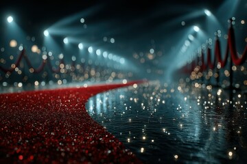 Elegant red carpet leading to a glamorous event with sparkling lights and a festive atmosphere at night