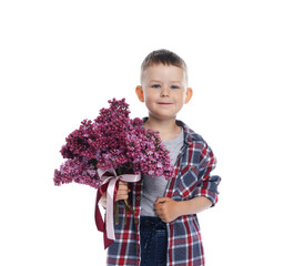 Little boy with bouquet of lilac flowers on white background