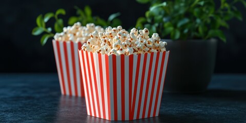 Popcorn in striped containers with greenery in the background, perfect for movie nights at home