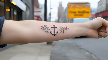 Close Up of a Person's Arm with a Small Anchor and Leaves Tattoo
