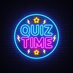 Quiz neon sign, glowing game night design. Vector illustration with vibrant text QUIZ TIME in neon style on dark background. Ideal for trivia, education, and entertainment visuals