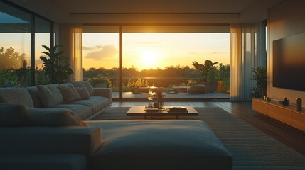 Modern living room with sunset view
