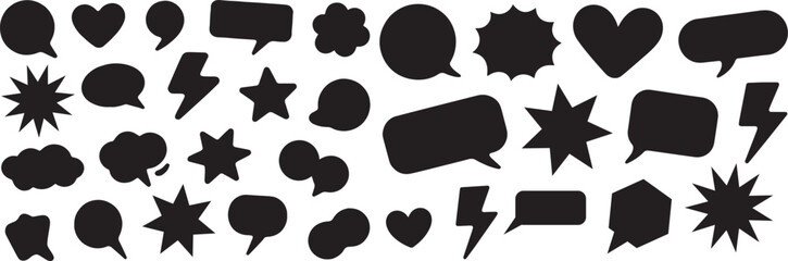 A collection of black dialogue boxes, empty speech bubbles, blank chat box silhouettes, comic style cloud balloons, and outlined conversation icons, including shapes like hearts, stars, and lightning 