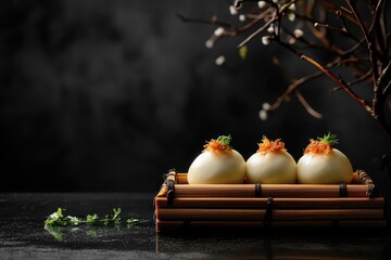 Homemade organic pulled beef bao buns served in a bamboo steamer on a black background wit