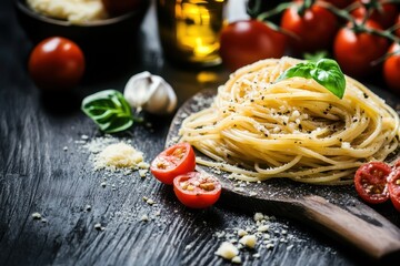 Homemade spaghetti with sauce tomatoes basil and parmesan Classic Italian dish on a da