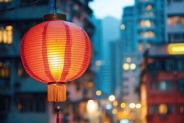 Hong Kong city backdrop featuring a Chinese lantern
