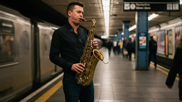 Saxophonists soulful serenade echoing through subway station