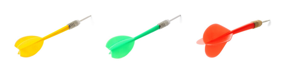 Darts in different colors on white background, set