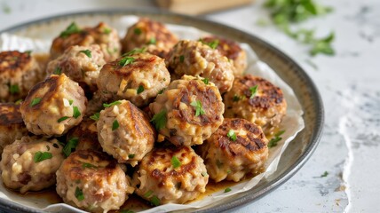 Fototapeta premium Homemade Greek meatballs (keftedes), crispy on the outside and tender on the inside, garnished with fresh parsley.