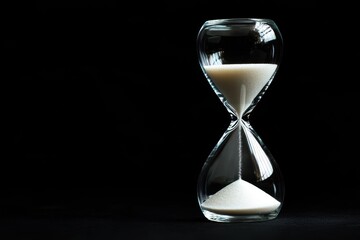 Hourglass accumulates sand on a white surface against a black backdrop representing exten
