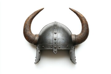 Horned Viking helmet set against a white backdrop