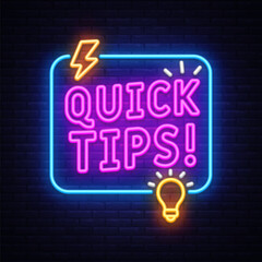 Quick tips neon sign with light bulb. Vector illustration featuring glowing text QUICK TIPS on dark background with icons.