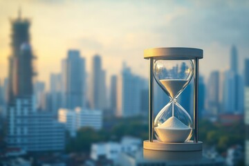Hourglass highlighted against a skyline symbolizing contemporary life and time management
