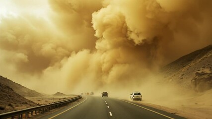 Time-lapse of sandstorm sweeping through mountain highway traffic