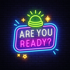 Quiz neon sign with buzzer and stars. Vector illustration with glowing button and text ARE YOU READY on dark wall. Perfect for quiz shows, games, and event intros