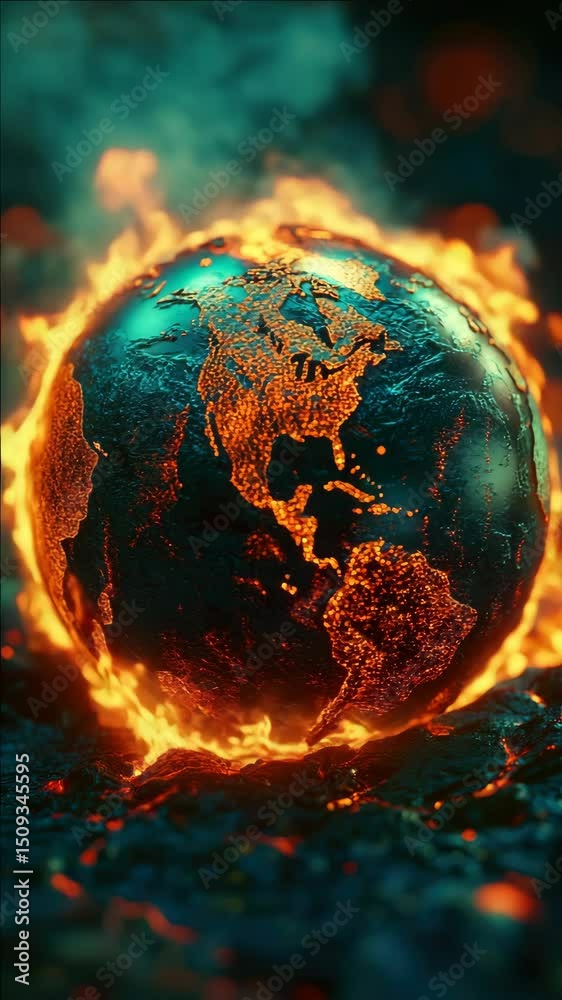 Wall mural a globe is on fire and surrounded by flames. the globe is surrounded by a blue and green color schem