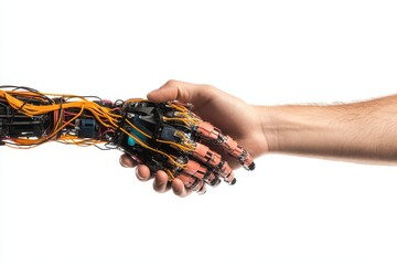 Human and robot hands shaking AI design concept representing friendship Isolated on whit
