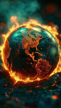 A globe is on fire and surrounded by flames. The globe is surrounded by a blue and green color scheme