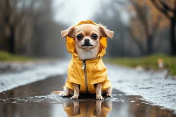 humorous chihuahua wearing a raincoat outside near a puddle