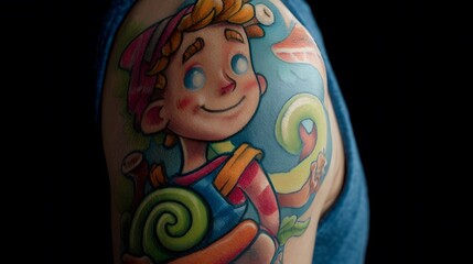 Arm Tattoo with Animated Character and Spiral Design on Human Skin