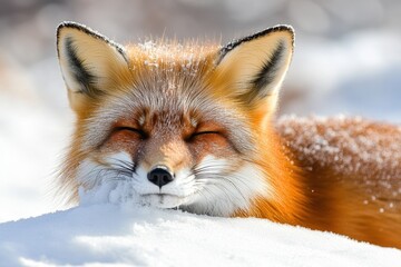 Humorous red fox in snowy tundra It cleans its face with fresh snow Observing wildlife b