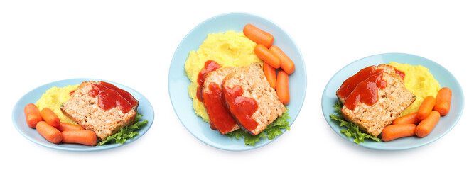 Delicious baked meatloaf, mashed potato, carrots and ketchup isolated on white, set. Top and side view