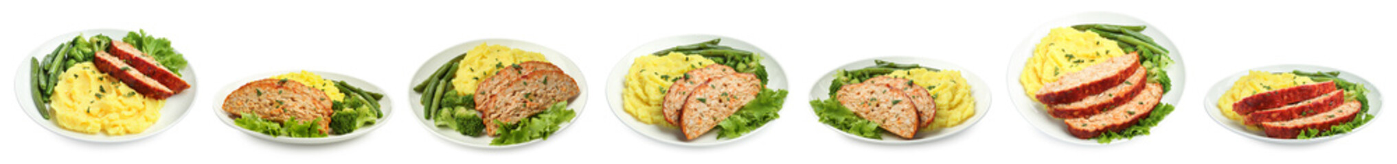 Delicious baked turkey meatloaf, mashed potato and vegetables isolated on white, set