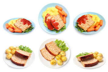 Cooked dishes with baked meatloaf isolated on white, set. Top and side view