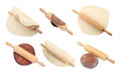 Different types of dough and rolling pins isolated on white, set. Top view