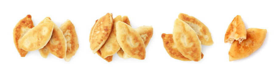 Tasty baked patties on white background, set. Top view