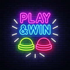 Play and win quiz neon sign. Vector illustration with glowing buttons and bright text PLAY AND WIN on dark wall.