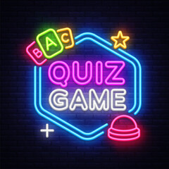 Quiz game neon sign with buzzer. Vector illustration showing colorful text QUIZ GAME with answer cards and glowing elements on dark wall