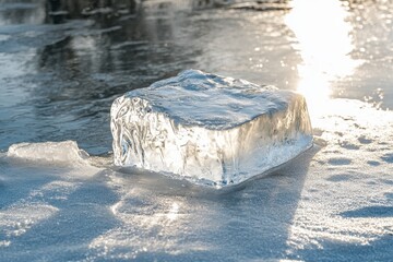 Icy winter conditions ice block resting on a sunlit frozen pond