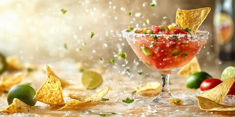 Refreshing salsa served in a glass bowl with crispy tortilla chips on a rustic wooden table during a summer gathering