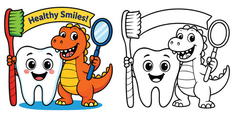 Dinosaur Dentist Coloring Page and Illustration - Healthy Tooth Activity and Art for Kids
