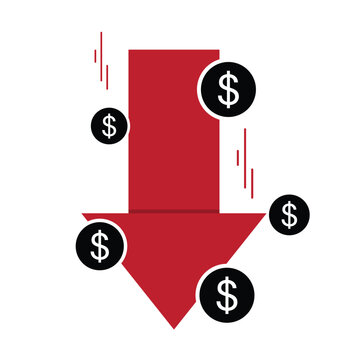 Dollar decrease icon with down arrow